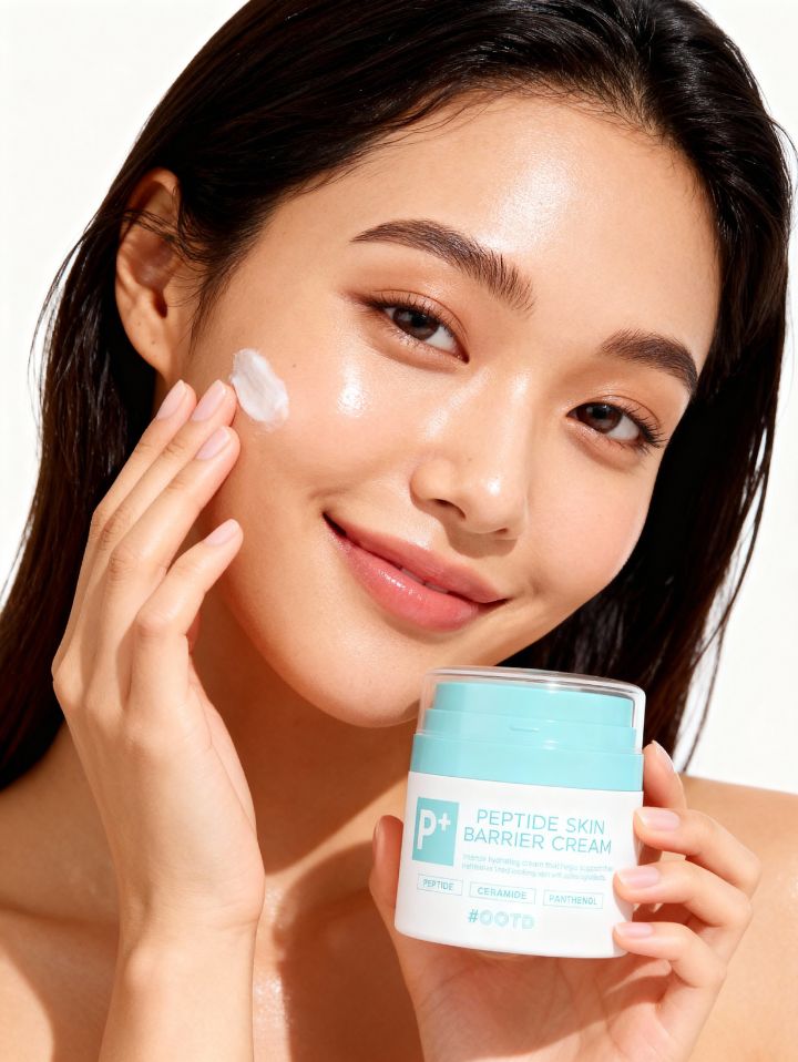 Kadın model, [OOTD] Peptit Cilt Bariyeri Kremi'ni yüzüne uygularken Kore kozmetik ürününün sağlıklı cilt görünümüne katkısını gösteriyor.